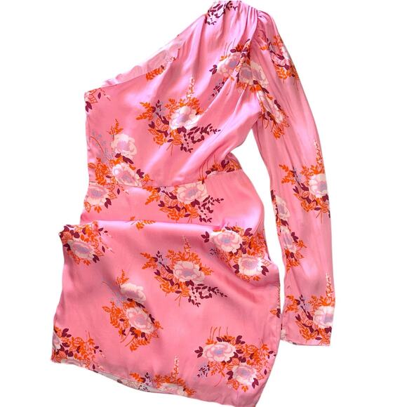 Les Reveries One Sleeve Pink Satin Floral Print Mini Dress size 0 - Picture 15 of 15